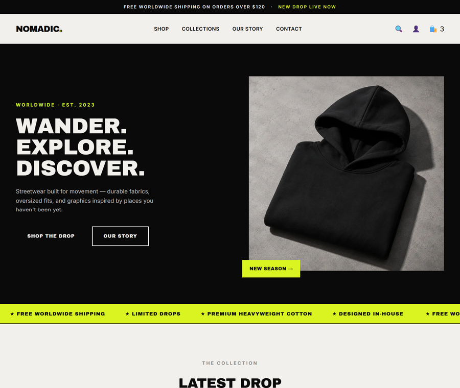 Nomadic Worldwide streetwear website design by DanBaz Digital
