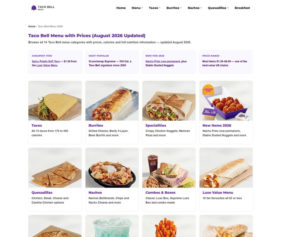 Taco Bell Menu Guide website design by DanBaz Digital